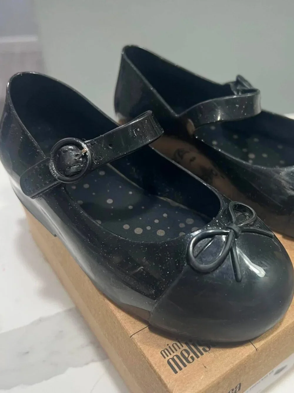Mini Melissa Sweet Love Princess BB Black Glitter Bow Shoes Size 10 Toddler